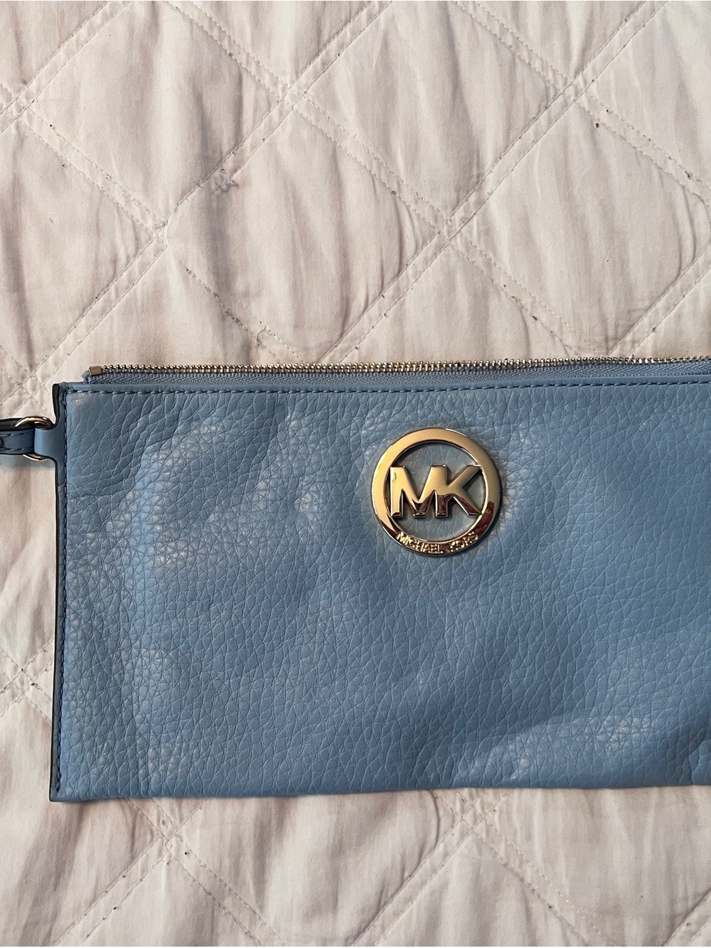 Michael Kors Light Blue Pebbled Leather Wristlet Clutch with Gold MK Emblem
